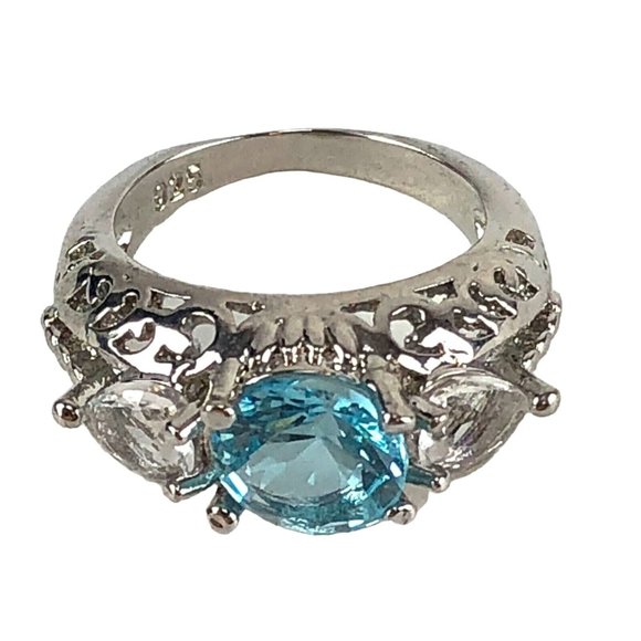 Unbranded Jewelry - Ring Size 5 Light Blue & Clear Stones Silver Plated